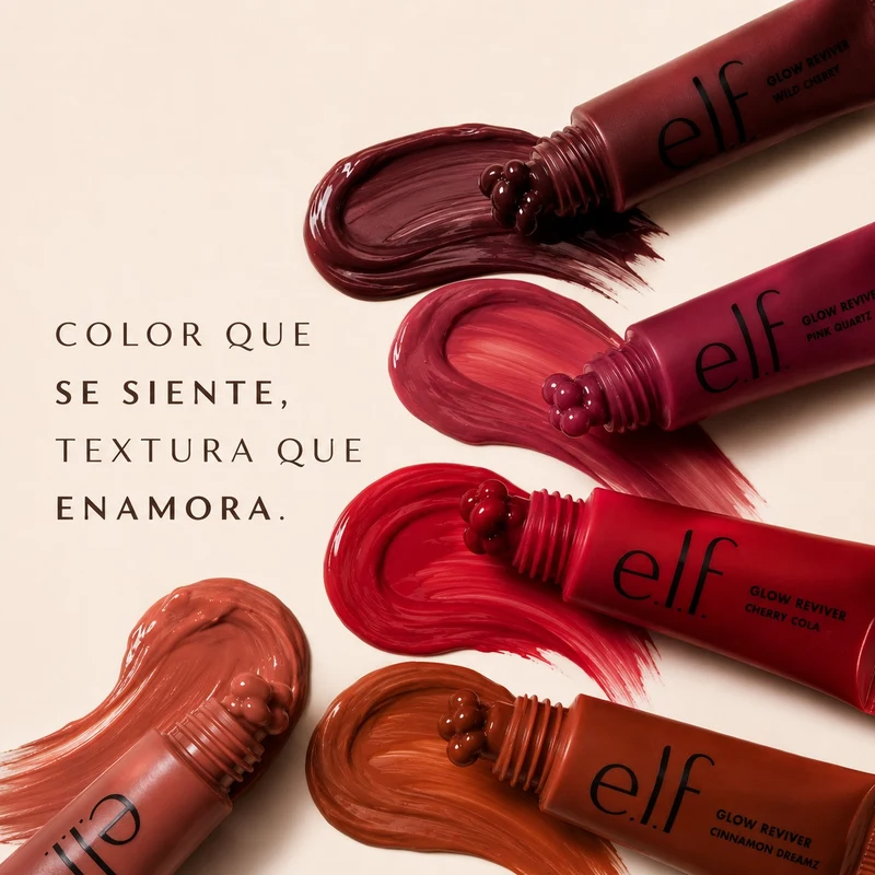Lip oils e.l.f Glow Reviver en tonos Wild Cherry, Pink Quartz, Cherry Cola y Cinnamon Dreamz — labiales e.l.f originales en México