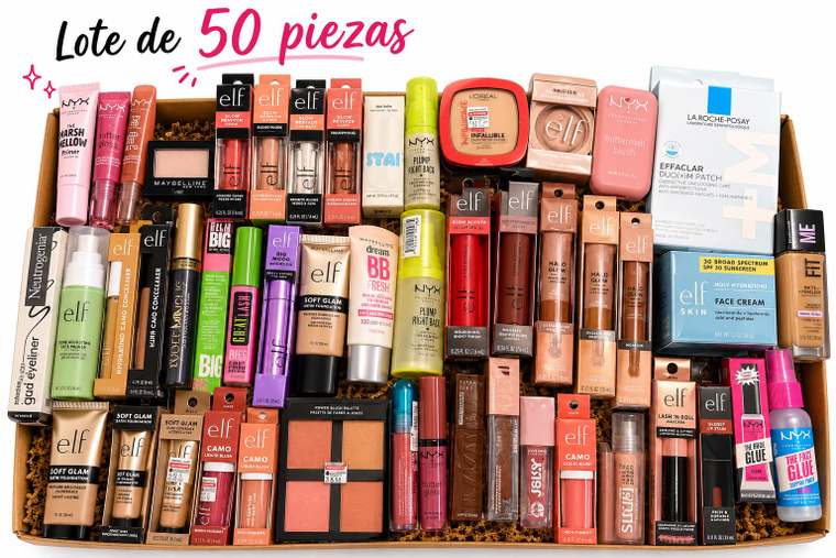 Lote de 50 piezas con marcas como e.l.f, NYX y Maybelline