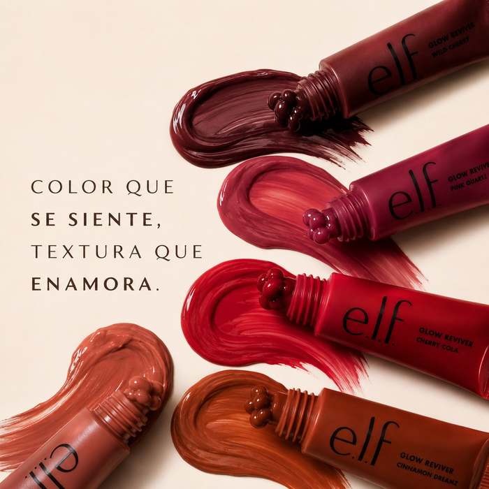 Lip oils e.l.f Glow Reviver en tonos Wild Cherry, Pink Quartz, Cherry Cola y Cinnamon Dreamz — labiales e.l.f originales en México